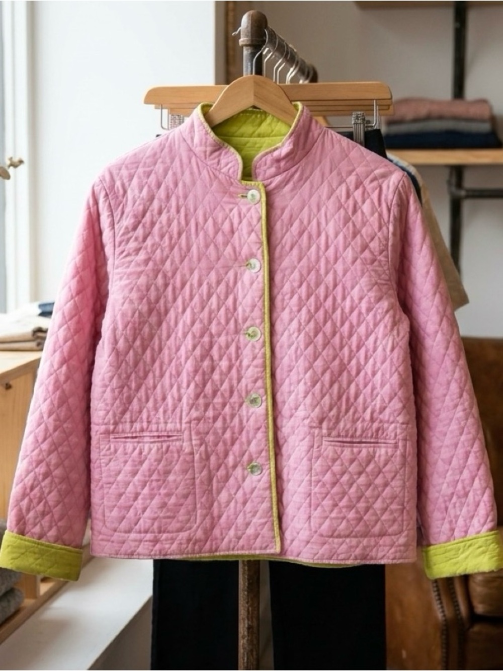 Reversible Silk Quilted Utility Jacket in Pink with Lime Trim
